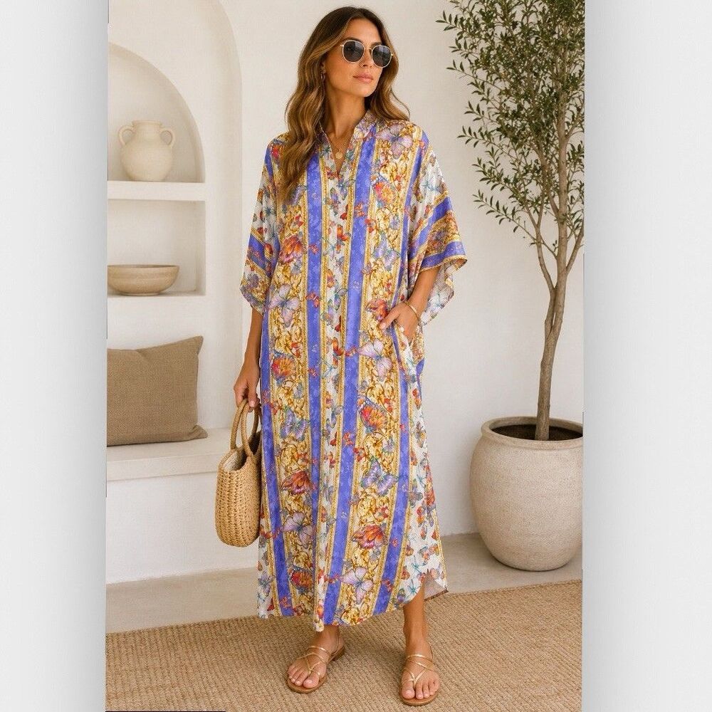 Vintage 1980s Ruth Norman Kaftan Maxi Dress Purple Gold Butterfly Baroque USA